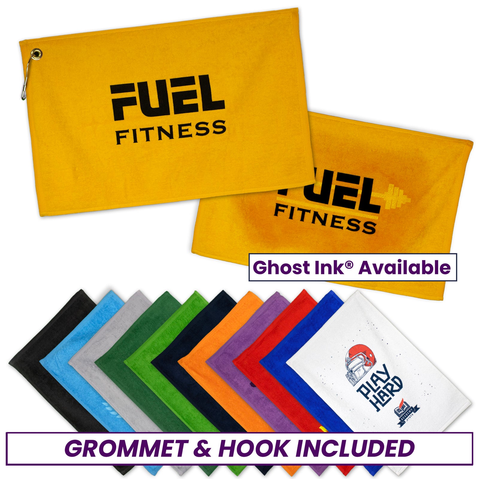 The Pro Towels Platinum Collection Golf Towel with Corner Grommet features custom embroidery, printed logos like “FUEL FITNESS,” and highlights “Ghost Ink® Available” and “Grommet & Hook Included”—ideal for corporate promotions.