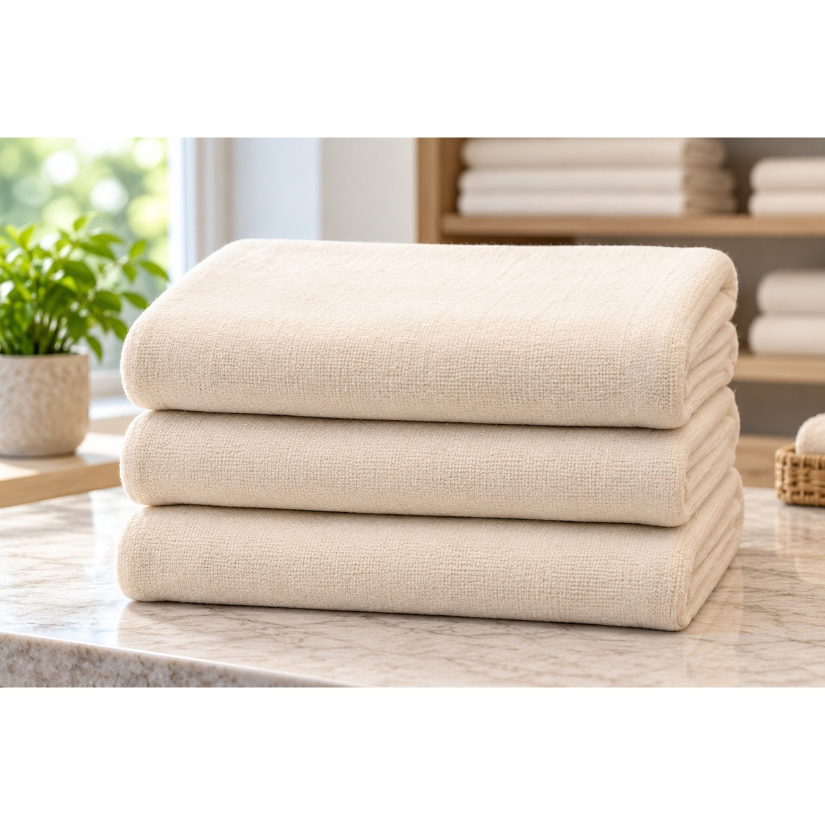 Three Bath Blankets - Unbleached / White (86% Cotton / 14% Poly) by KSE are neatly folded on a marble countertop, with a potted plant and shelves of hospital blankets softly lit in the background.