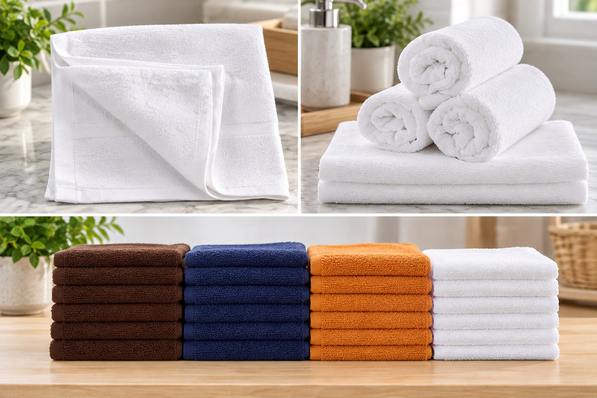A collage displays Manhattan Hosiery Co. 10S Cotton Washcloths 12″ x 12″ folded and stacked in brown, navy, orange, and white on countertops with stylish bathroom decor in the background.