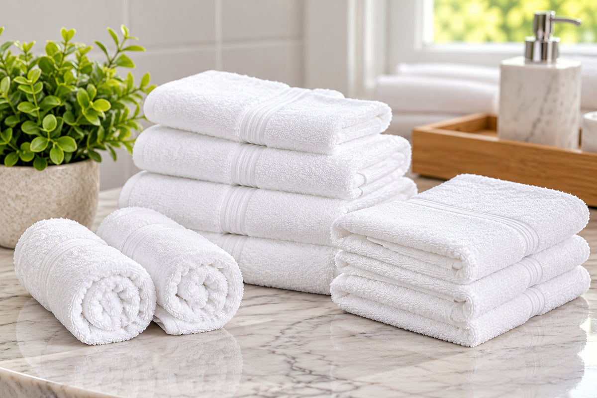 KSE Wash Cloths - Excellence Collection Hotel Towels are neatly folded and rolled on a marble countertop beside a green potted plant and soap dispenser in a bright bathroom.