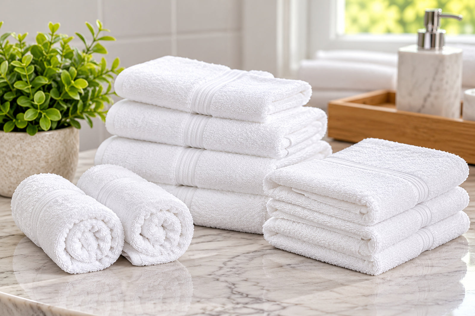 KSE Wash Cloths - Excellence Collection Hotel Towels are neatly folded and rolled on a marble countertop beside a green potted plant and soap dispenser in a bright bathroom.