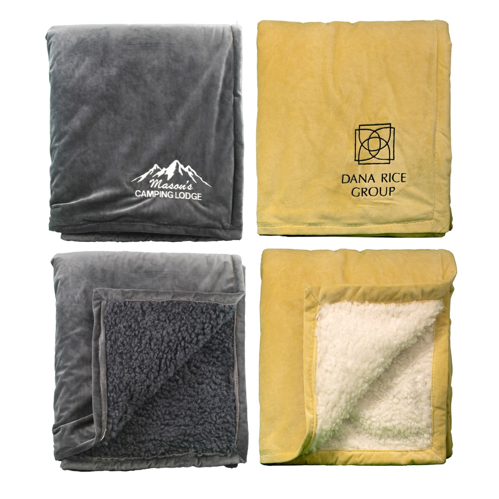 Two folded Rural Llama Throw blankets by Pro Towels are shown—one gray with a mountain logo and Mascot Camping Lodge text, the other yellow with a square logo and Dana Rice Group text. Both feature custom embroidery and soft white sherpa lining.