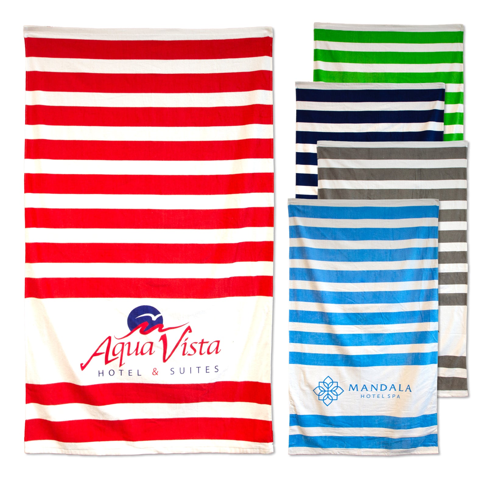 Five Pro Towels Sandbar Stripe Beach Towels are shown in red with the AquaVista Hotel & Suites logo, blue with the Mandala Hotel & Spa logo, plus green, navy, and gray options.