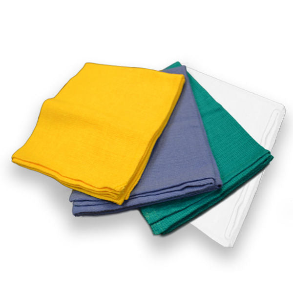 A stack of four Ganesh Mills Lint Free Cleaning Cloths in yellow, blue, green, and white is arranged neatly on a white surface.