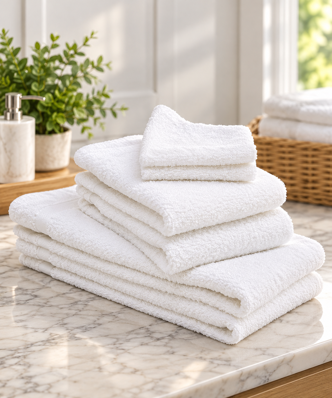 A stack of Intralin Washcloth - 100% Cotton 10s sits on a marble countertop next to a green potted plant and soap dispenser in a bright, sunlit bathroom.