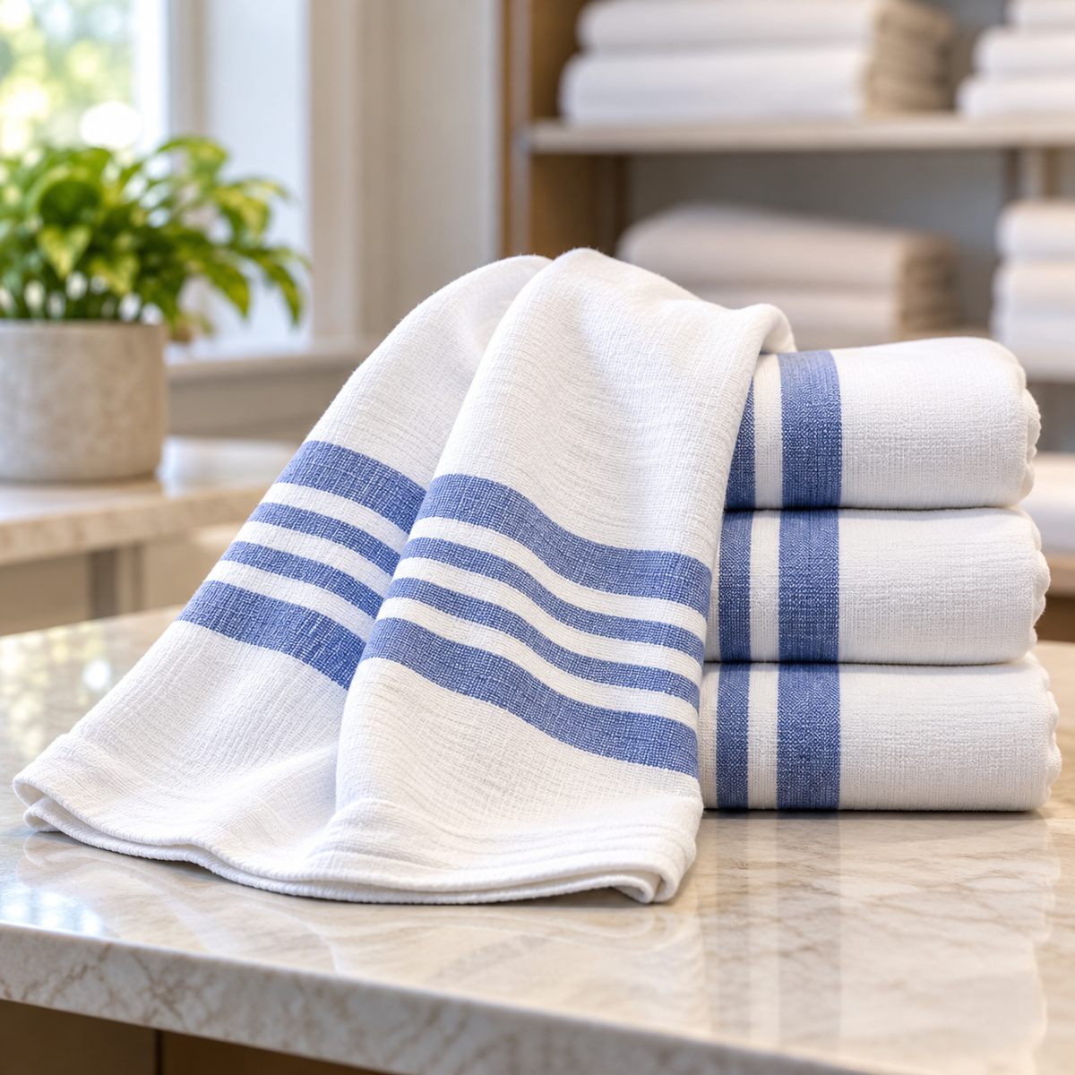 Four KSE Bath Blankets - Unbleached / White (86% Cotton / 14% Poly) are stacked on a marble countertop, with one draped on top. A green potted plant sits softly in the background.