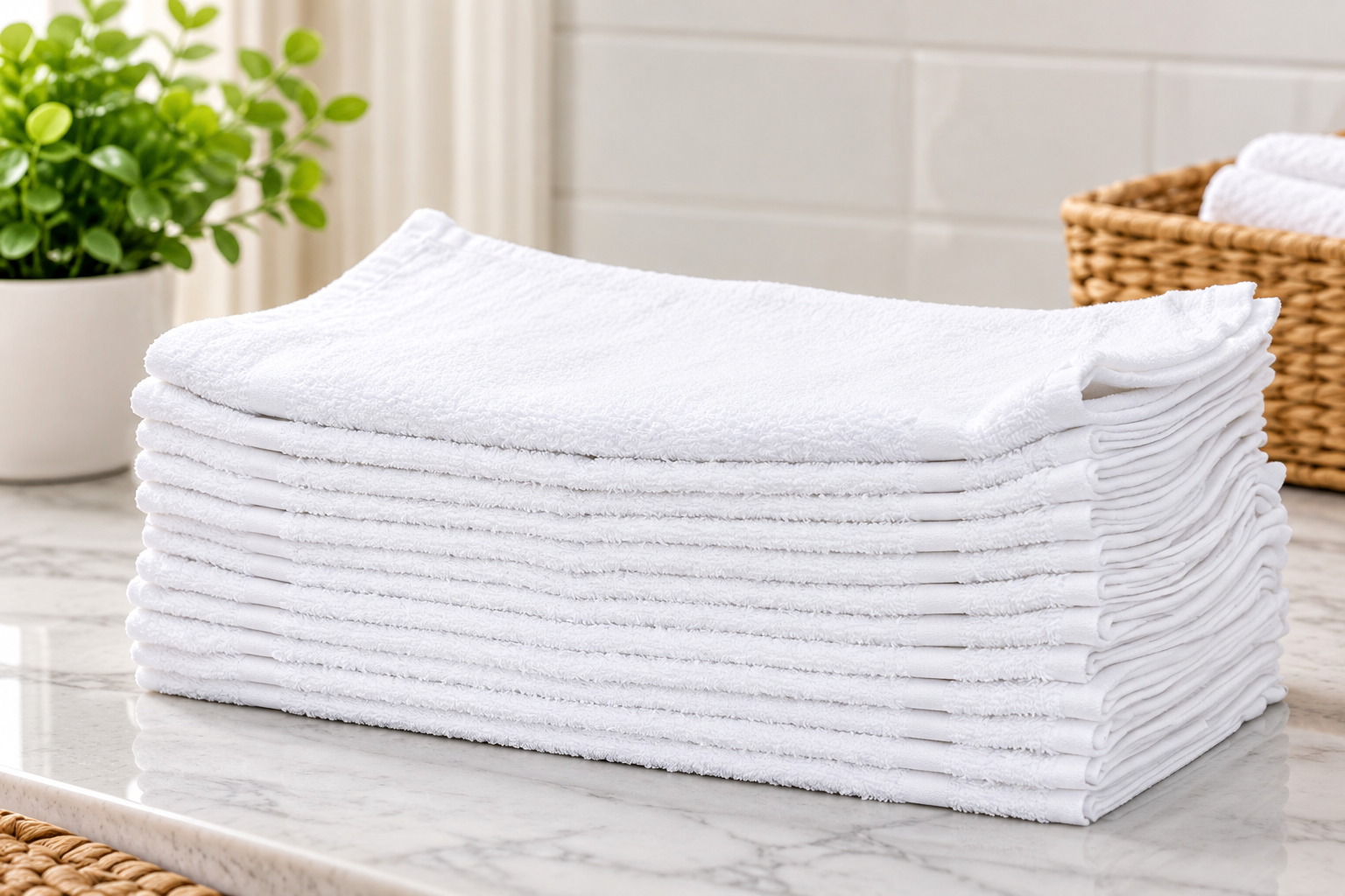 A neatly folded stack of KSE Wash Cloth - Basic Economy 10 Single Towels sits on a marble countertop, with a green potted plant and wicker basket in the background.