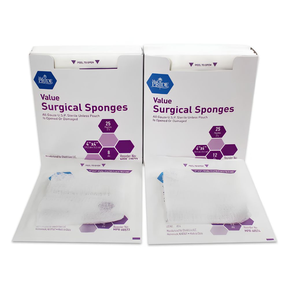 Two open Shield Line MedPride Value Gauze Surgical Sponges boxes—one 8-ply, one 12-ply—display sterile 4"x4" sponges in front. Each box specifies size and quantity in purple for wound care.