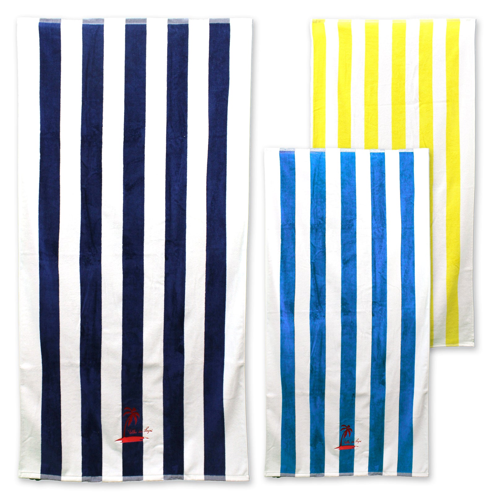 The Standard Cabana Beach Towel by Pro Towels showcases navy, yellow, and light blue stripes with white, accented by a custom red palm tree and sun logo—ideal as a promotional beach towel for a stylish touch.