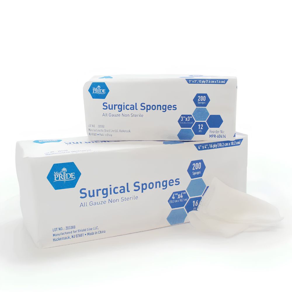 Two white Shield Line packages labeled “MedPride All Gauze Sponge Non-Sterile” with blue accents show size, count, and dimensions. Several non-sterile cotton gauze sponges are displayed in front—ideal for wound care use.