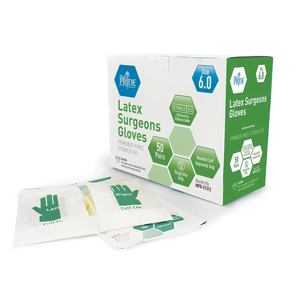A box of Shield Line MedPride Latex Surgeons Gloves, 5 mil thick, sterile and powder-free, size 6.0, surgical-grade, contains 50 pairs. Two gloves in individual pouches are shown in front of the predominantly white and green box.