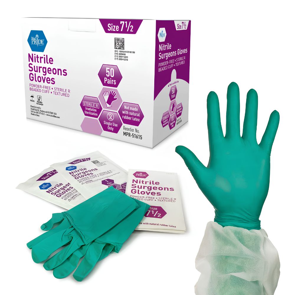 A box of Shield Line MedPride Nitrile Surgeons Gloves, size 7 1/2, includes 50 pairs of green, latex-free, sterile, powder-free 5 mil gloves. One gloved hand is shown raised with glove packets displayed in front of the box.