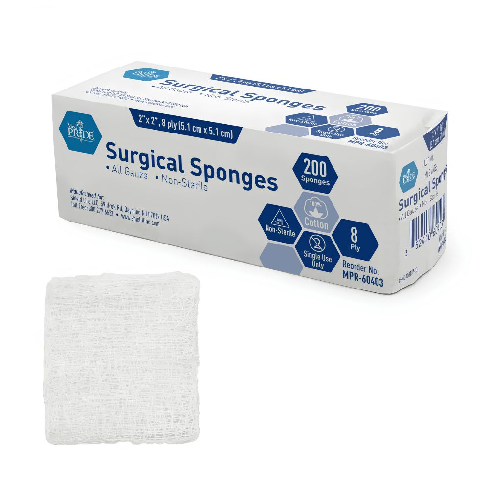 A box labeled “Shield Line MedPride All Gauze Sponge N/S - 2" x 2" - 8Ply, 5M” contains 200 non-sterile cotton sponges for wound care, with one unfolded white gauze sponge shown in front of the box.