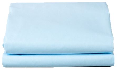 The KSE Flat Sheets - T180 Solid Color (Blue) are neatly folded and displayed on a white surface, ideal for anyone seeking quality bulk bedding.
