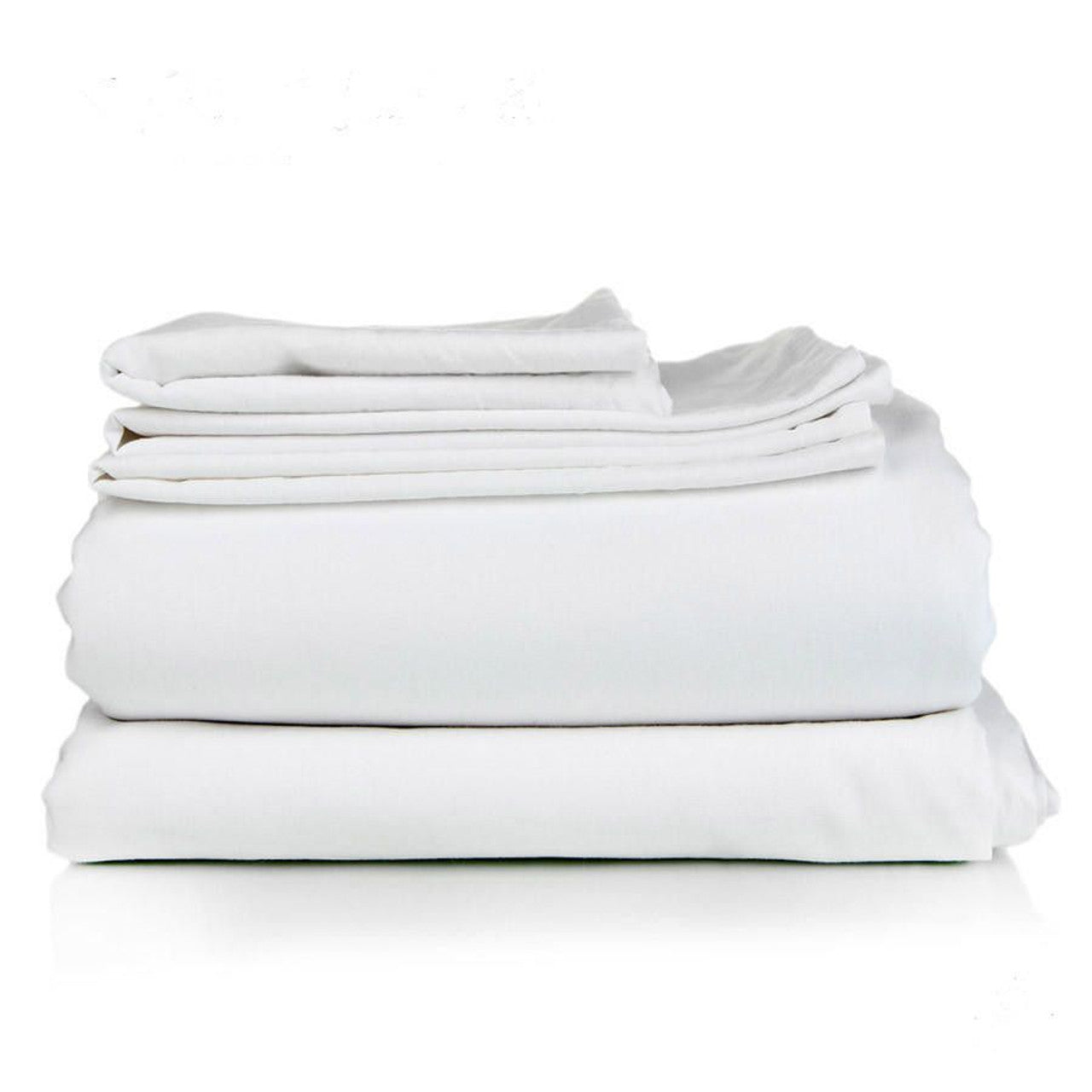 A neatly folded stack of Ganesh Mills Oxford Ultra T400 Bed Linen flat sheets, featuring a 3" top hem and 2" bottom hem, made from luxe 100% cotton sateen (400 thread count), is shown against a plain white background.