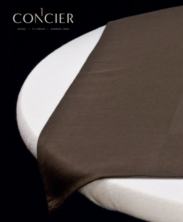 A smooth, dark brown Table Padding Felted Polyester by 1Concier (RD) is neatly draped over a round, white table for protection. The word 1Concier appears in the upper left corner on a black background.