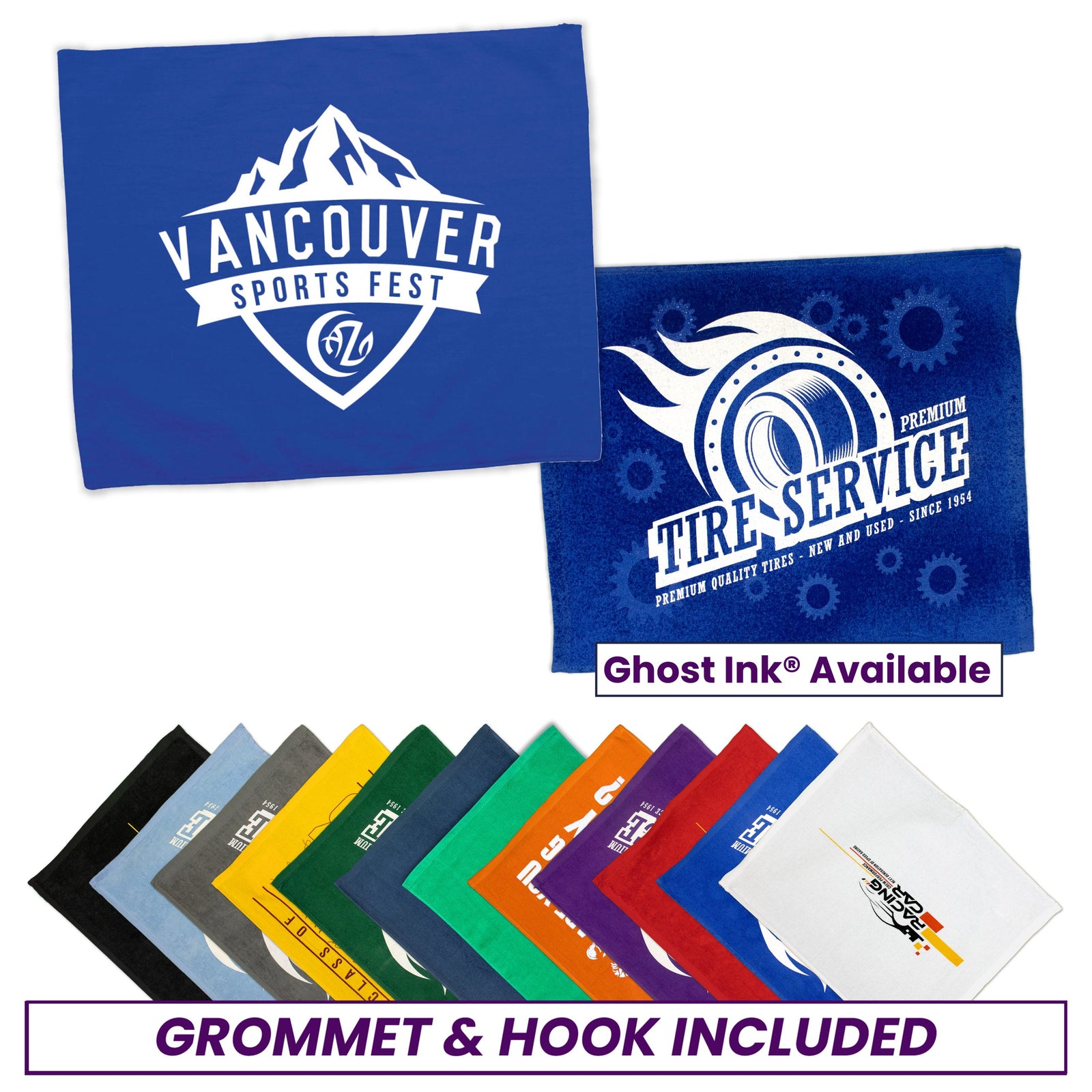 The Jewel Collection Soft Touch Golf Towels by Pro Towels are displayed in a fan layout, each with unique custom logos. Every towel includes a grommet and hook, and Ghost Ink® decoration is available.