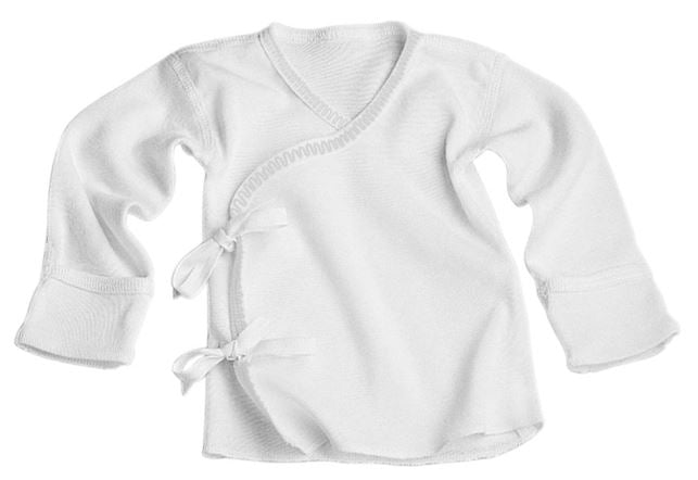 The KSE Tie Side Baby Shirt, shown here in classic white with long sleeves and mitten cuffs, features two ribbon ties—a stylish and comfortable choice for newborns.