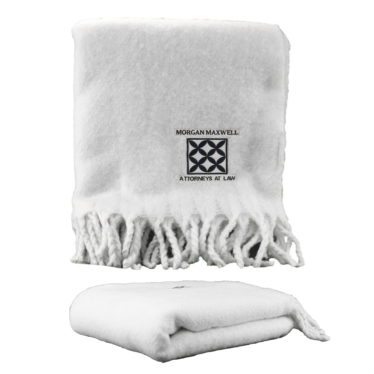 The Vanilla Dream Throw by Pro Towels, custom embroidered with "Morgan Maxwell Attorneys at Law" and a geometric logo, is shown in white with fringe—displayed upright and flat—ideal for bulk wholesale blanket orders.