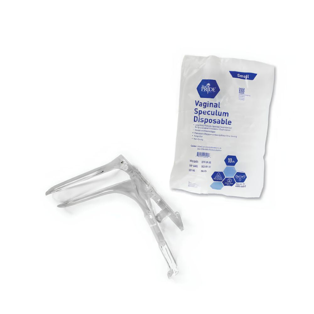 A clear single-use Shield Line MedPride Vaginal Speculum Disposable is shown next to its white and blue packaging labeled for gynecological exams, available as 10/pack (case of 100).