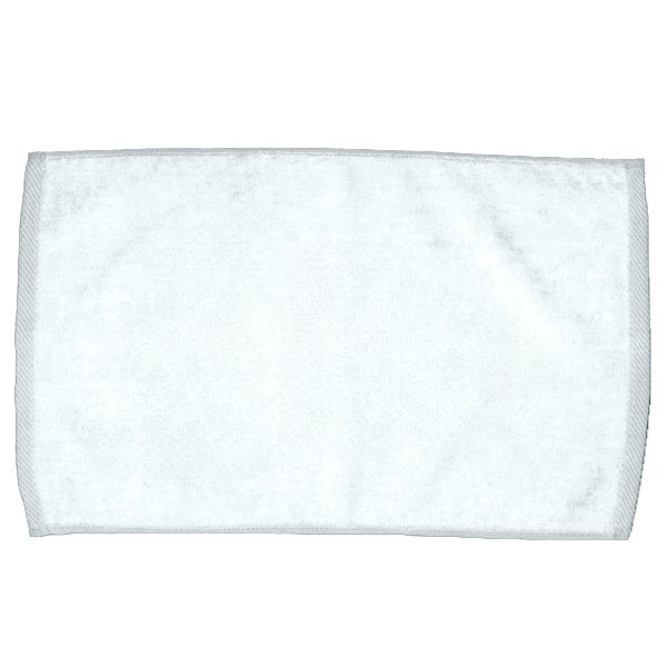 The Velour Fingertip Golf Towel by Pro Towels is a plain white, rectangular towel with rounded corners and textured edges, ideal for use as promotional golf towels or for custom embroidery.