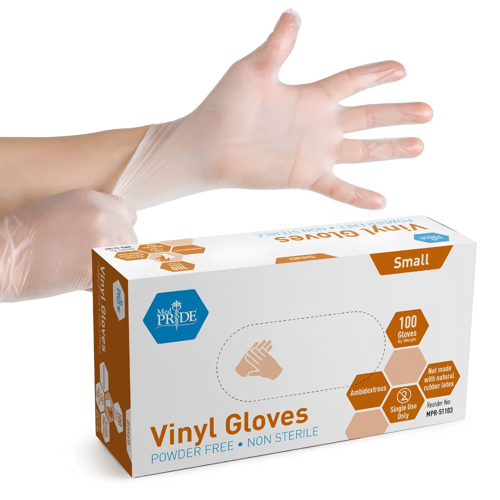 A hand puts on a clear Shield Line MedPride Vinyl General Purpose Glove (4.3 Mil Thick, Non-Sterile, Powder Free) above a mostly white box with orange and blue accents labeled Small, 100 Gloves; these disposable gloves are latex-free.