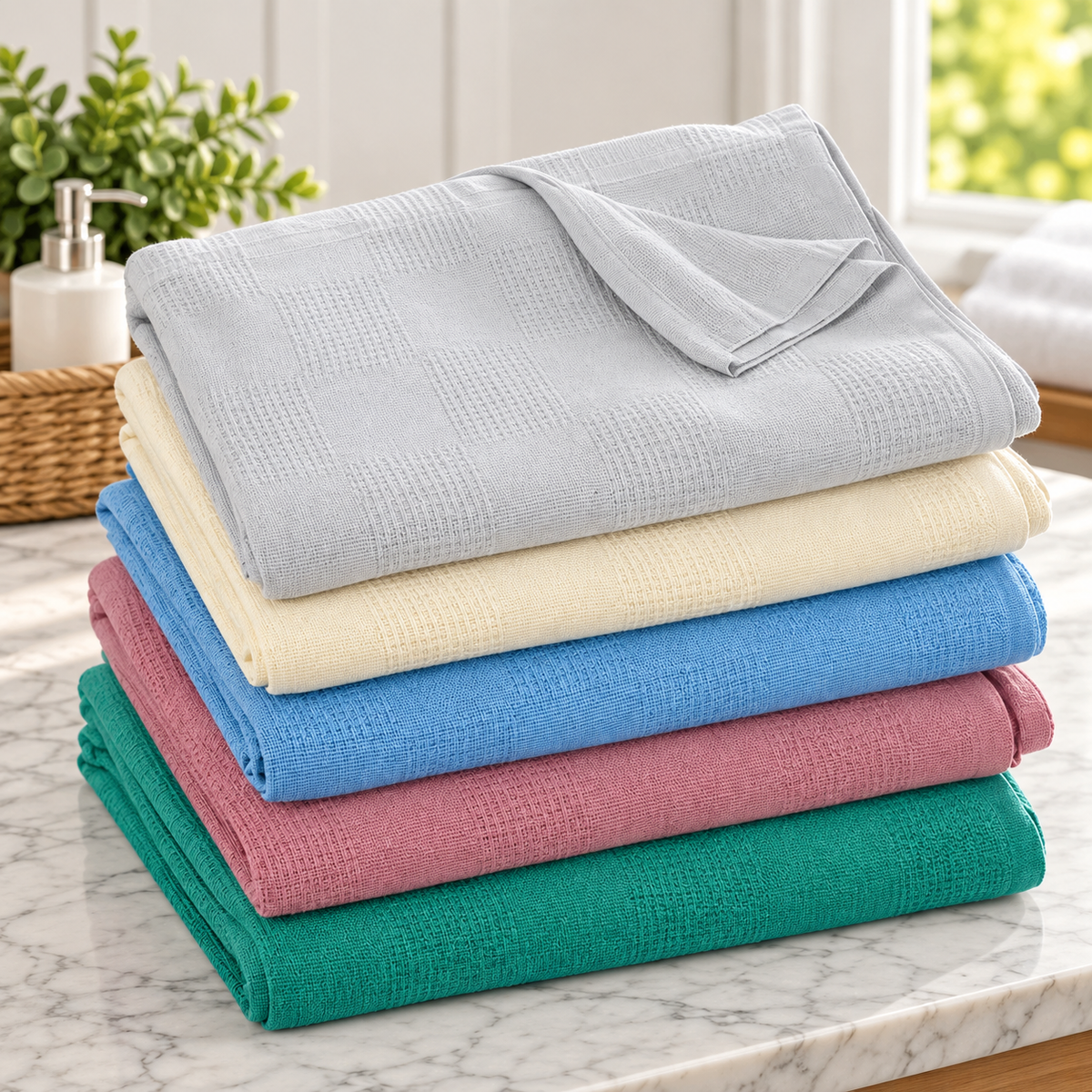 A stack of five KSE Snag Free Thermal Blankets in gray, yellow, blue, pink, and green sits on a marble counter with a soap dispenser and a plant in the background.