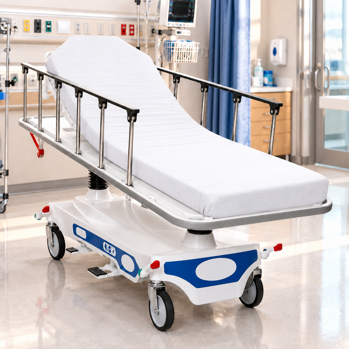 A modern hospital stretcher with side rails is covered with KSE Knitted Stretcher Sheets in a bright, clean room, surrounded by medical equipment.