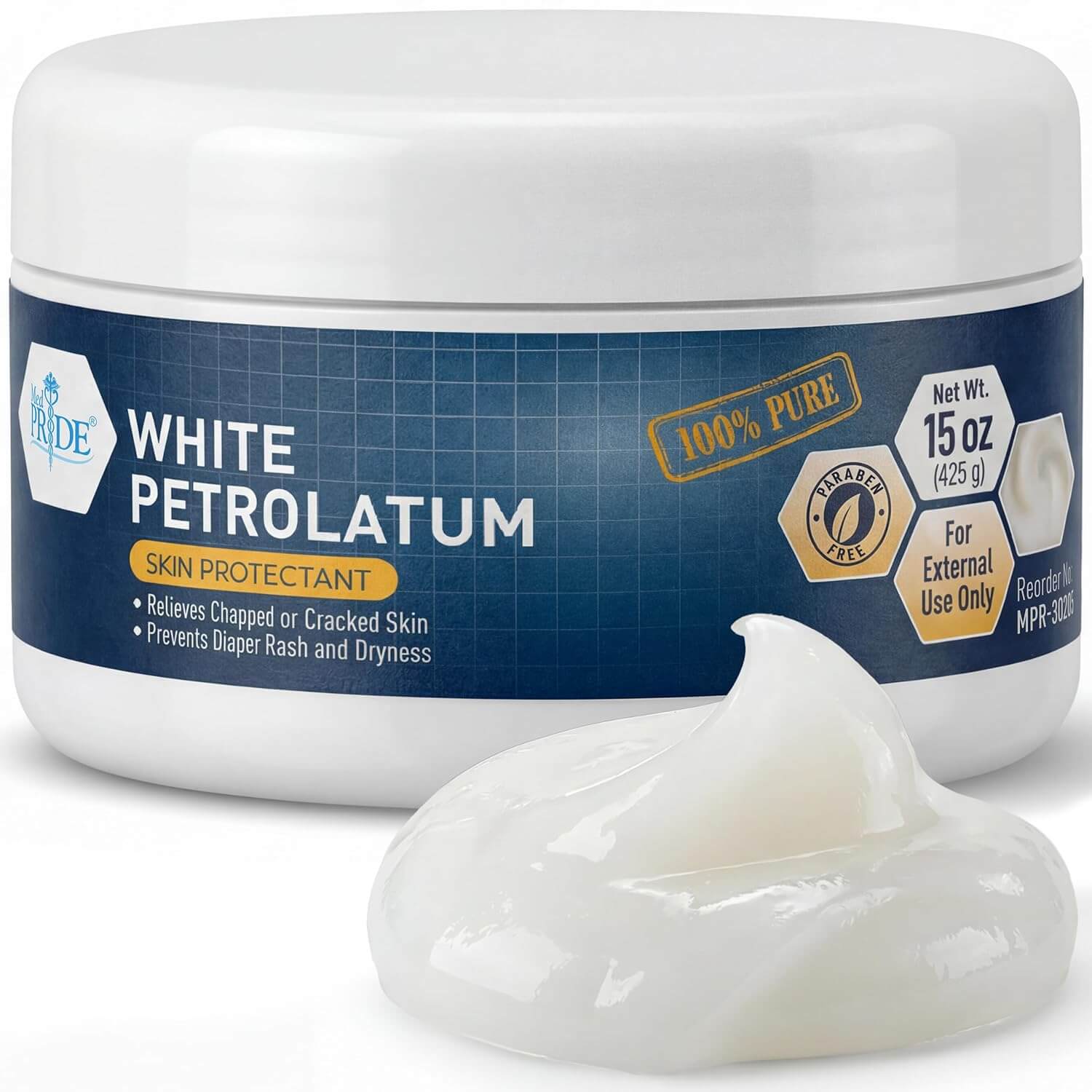 A Shield Line White Petrolatum - 15oz. Jar sits with a dollop in front; the label notes 100% purity, for chapped or dry skin and diaper rash, and states it’s for external use only.