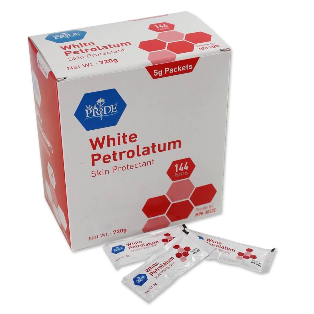 A box labeled White Petrolatum Ointment – 5g Foil Packets by Shield Line contains 144 single-use packets. Three sample packets are displayed in front, and the box shows a net weight of 720g.
