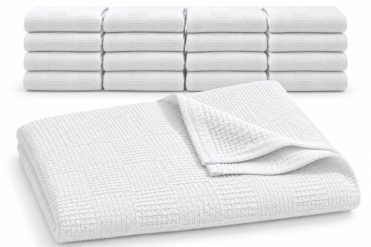 A stack of twelve folded KSE Snag Free Thermal Blankets in white 100% cotton sits behind one unfolded blanket, featuring a textured, snag-free waffle-weave pattern.