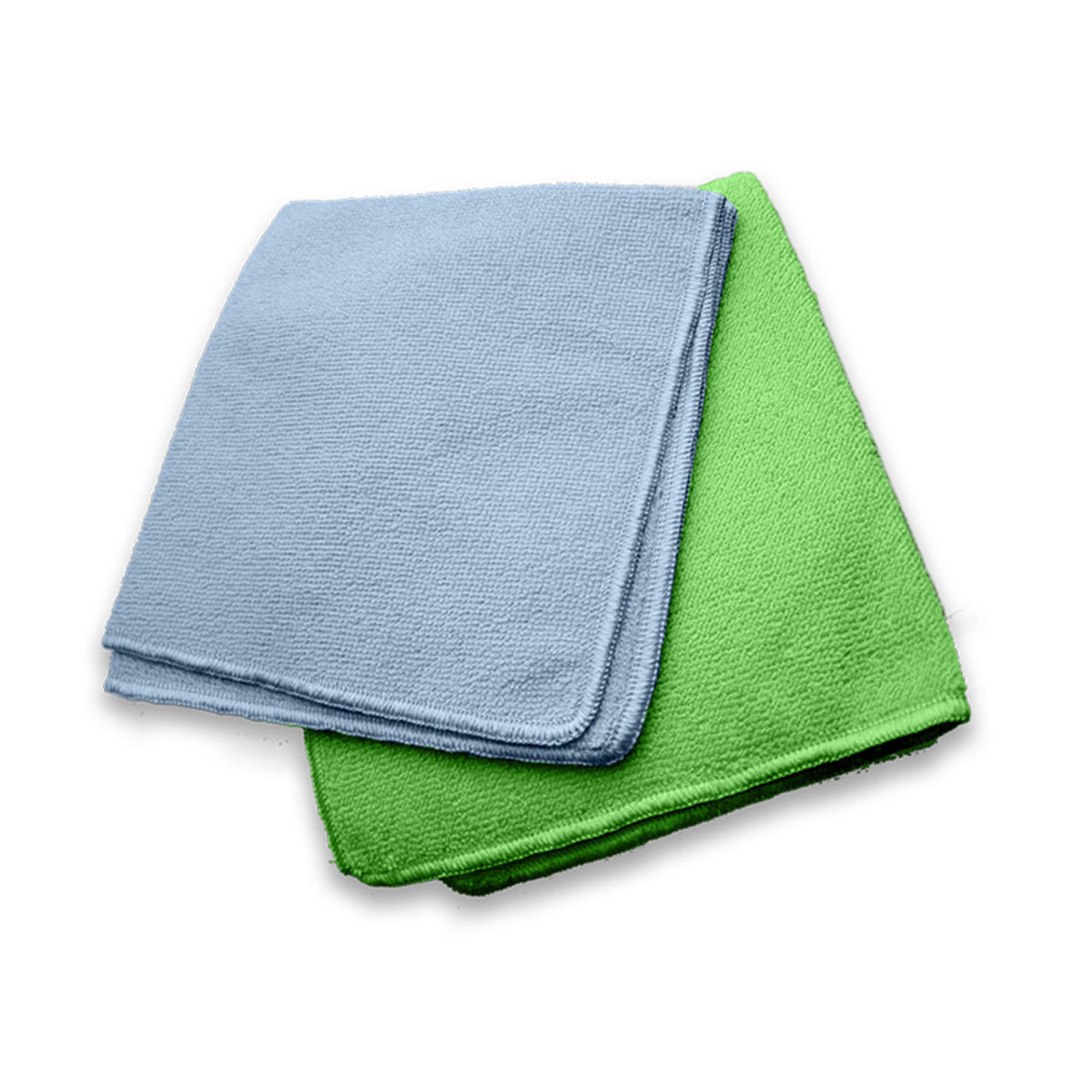 Two Ganesh Mills Micro Fiber Cleaning Cloths - Polyamide, one light blue and one green, are stacked on a white background—ideal for bulk wholesale or those needing high-quality microfiber cloths.