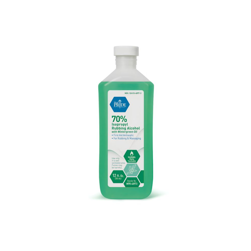 A 12 oz bottle of Shield Line MedPride 70% Isopropyl Rubbing Alcohol with Wintergreen Oil—first aid antiseptic for rubbing, massaging, and soothing. Available as a case of 24.