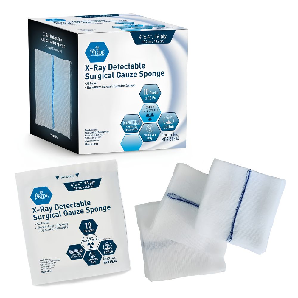 Shield Line MedPride Sterile X-Ray Detectable Surgical Gauze Sponge, 16-ply 4"x4", includes two sterile pads—one folded, one open—with a blue detectable strip. Each pack highlights key features and specifications for wound care.