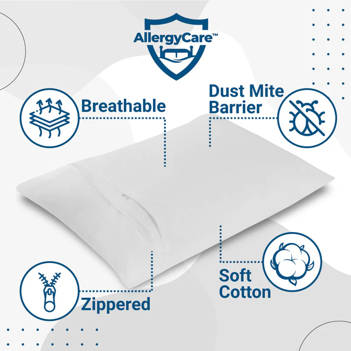 The AllergyCare™ Cotton Allergen Barrier Pillow Protector by Bargoose features breathable, soft cotton, a dust mite barrier, and a zippered closure. The AllergyCare logo appears above the protector with blue icons and dotted designs in the background.