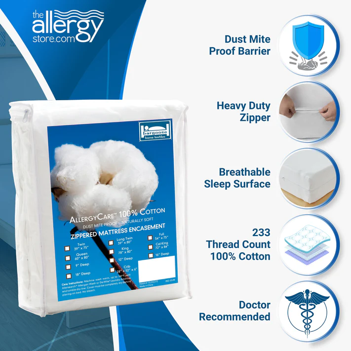 The Bargoose AllergyCare Cotton Zippered Mattress Encasement - 16 Deep is shown packaged, featuring bed bug protection, a dust mite proof barrier, heavy duty zipper, breathable 233 thread count cotton surface, and is doctor recommended.
