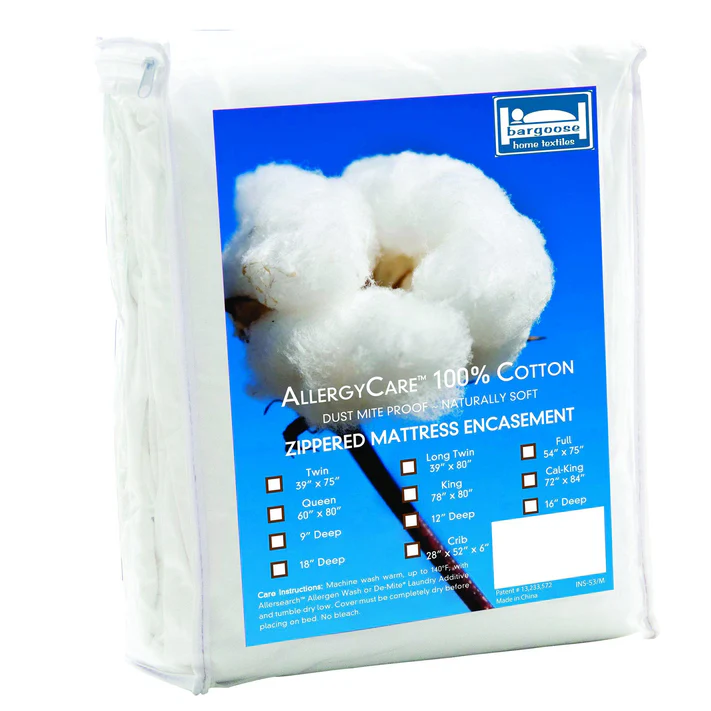 A package of Bargoose AllergyCare Cotton Zippered Mattress Encasement - 9 Deep displays a cotton plant image and product details for multiple mattress sizes on the front label, highlighting allergy and bed bug protection.