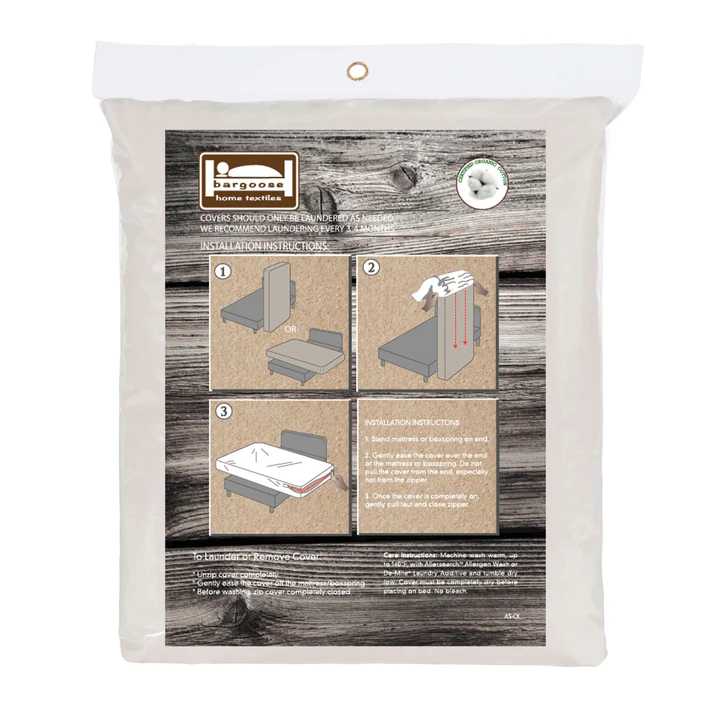 A clear package of Bargoose AllergyCare Cotton Zippered Mattress Encasement (9 Deep) with illustrated instructions for covering a mattress and closing the zipper; front shows text/images explaining bed bug protection.