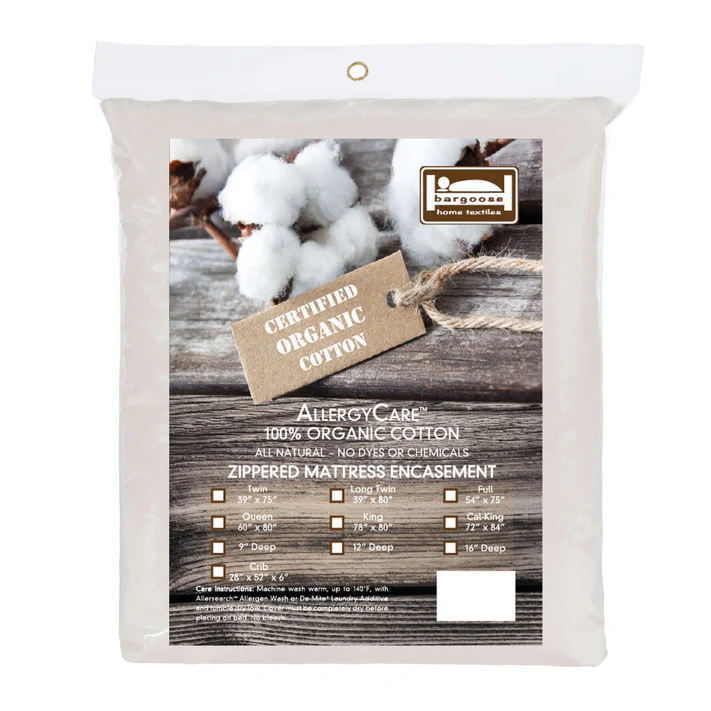 The Bargoose AllergyCare™ Organic Cotton Zippered Mattress Encasement (12 Deep) features Certified Organic Cotton, is non-toxic with no dyes or chemicals, offers a dust mite barrier, and displays a cotton plant image and size options on the packaging.