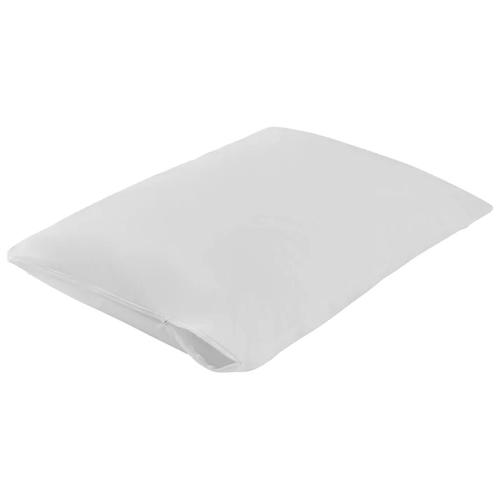 A plain white pillow lying flat on a white background is protected by the Bargoose AllergyCare Pristine® Allergen Barrier Zippered Pillow Cover for enhanced comfort and cleanliness.