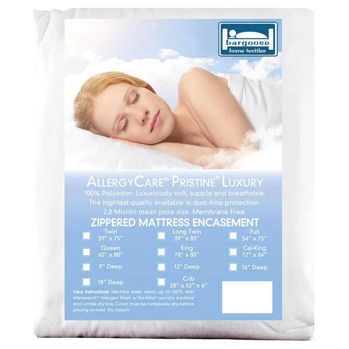 A Bargoose AllergyCare Pristine Zippered Mattress Encasement (16" Deep) package shows a woman sleeping peacefully, with product details, sizes, care instructions, and dust mite protection features clearly labeled.