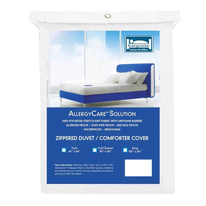 Packaging for the Bargoose BedBug Solution™ Elite Zippered Duvet Cover, shown on a bed with a blue frame. This allergen-proof, waterproof duvet protector is available in twin, full/queen, and king sizes.