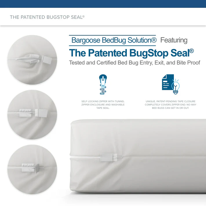 Product image for Bargoose AllergyCare Cotton Zippered Mattress Encasement - 12" Deep, featuring the patented BugStop Seal zipper and demonstrating entry, exit, and bite-proof protection with allergy-proof mattress coverage.