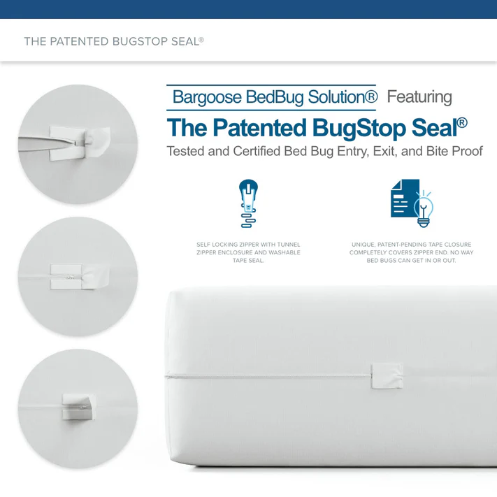 The Bargoose 6 Gauge Vinyl Zippered Cover fits mattresses up to 12 deep. Its patented BugStop Seal, self-locking zipper, and protective flap ensure waterproof, certified bed bug protection for full mattress security.