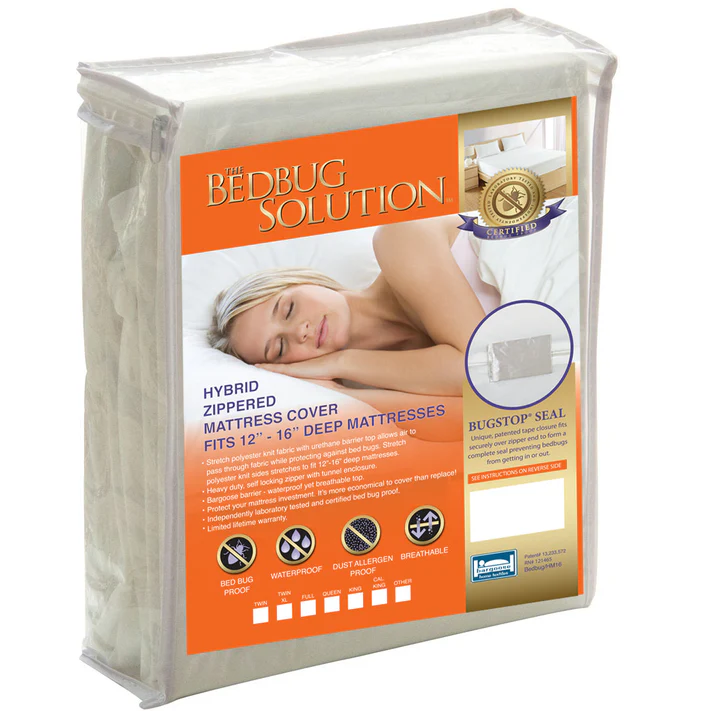 A package of Bargoose BedBug Solution™ Deep Hybrid Zippered Mattress Encasement (fits 12”-16” mattresses) shows a woman sleeping peacefully, with features like bed bug proof, waterproof, dust allergen proof, and breathable noted on the packaging.