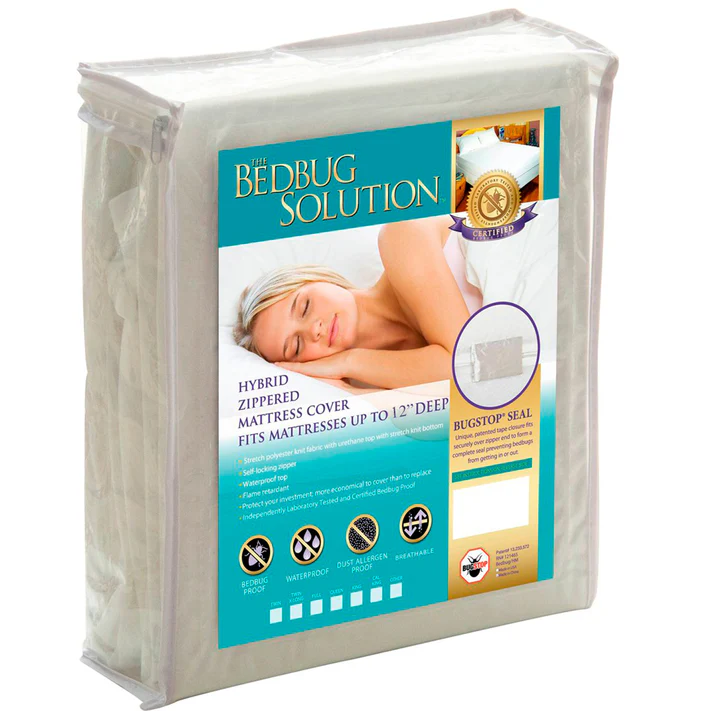 The Bargoose BedBug Solution™ Polyester Stretch Knit Zippered Boxspring Cover (fits 9-12” mattresses) features waterproof, allergen, and bed bug protection. Packaging shows a sleeping woman, product details, and key feature icons.