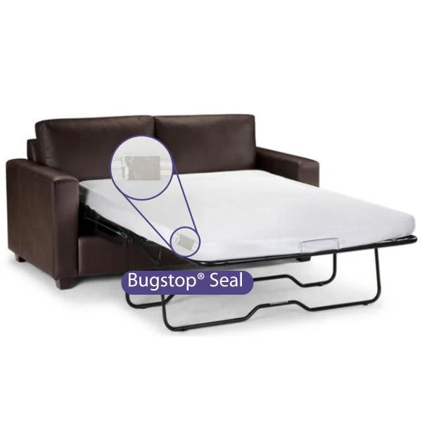 A brown leather sofa bed is shown extended with a white mattress protected by the Bargoose BedBug Solution™ Elite Sleeper Sofa Zippered Encasement; a magnified inset highlights its Bugstop® Seal for superior bed bug protection.