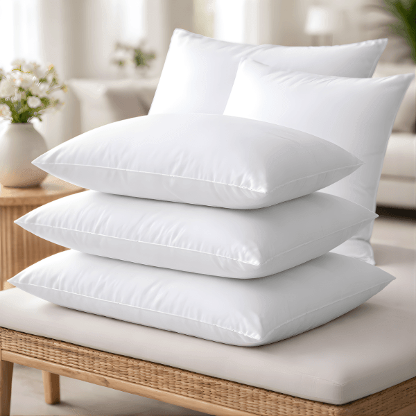 White bulk bed pillows stacked for hotel, hospital and hospitality bedding use