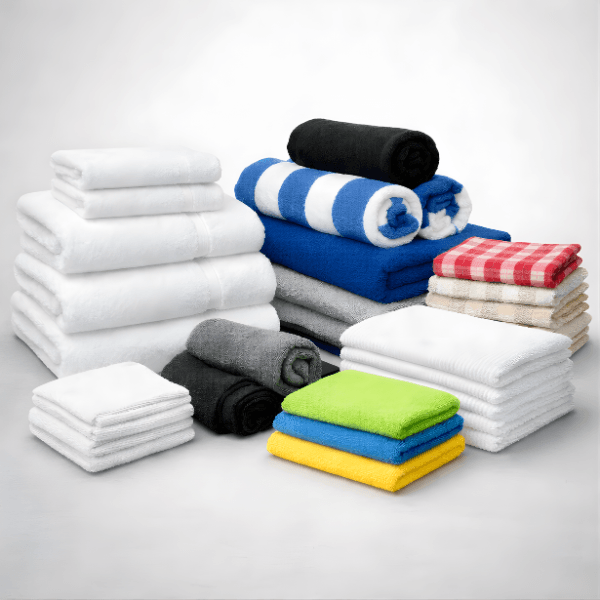 Stack of white bulk towels for hotel, resort and restaurant use on clean linen shelf
