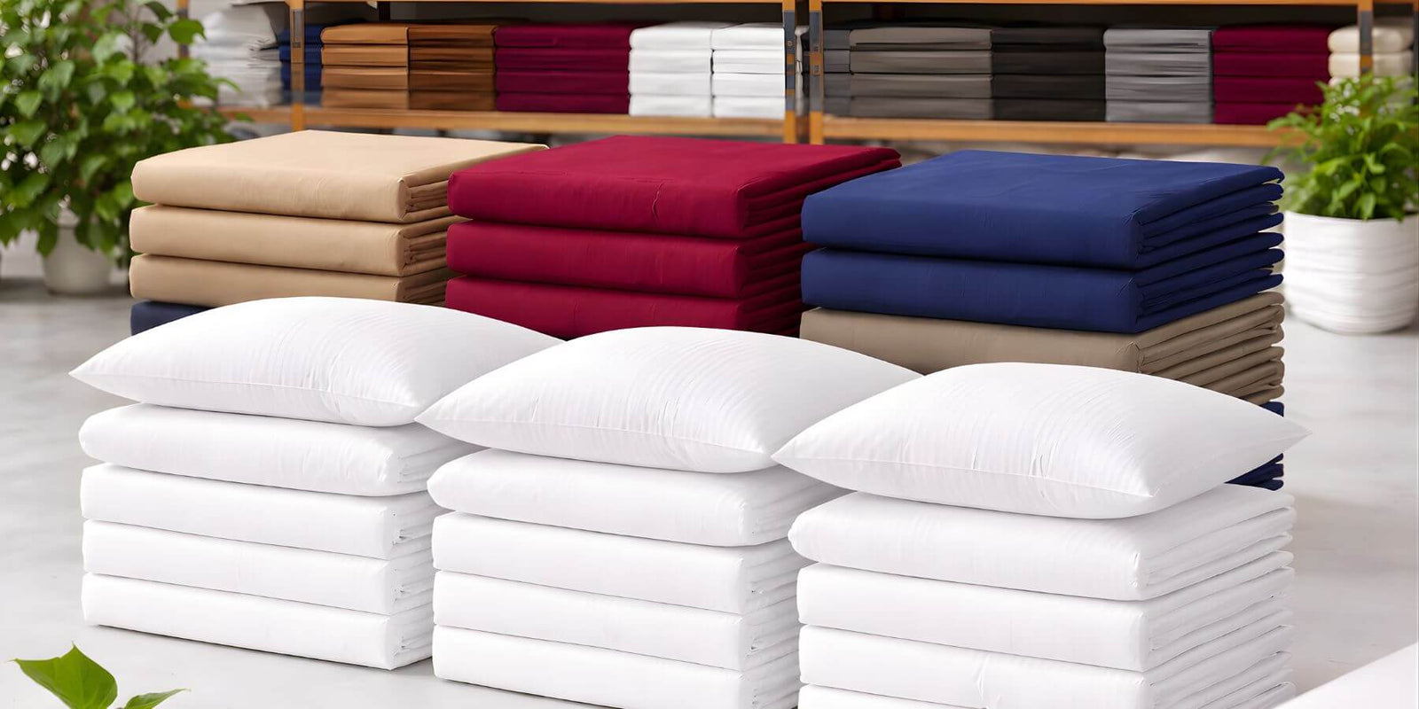 Bulk linen supply display featuring stacks of hotel bed sheets, pillows, and assorted bedding linens in a wholesale showroom environment.